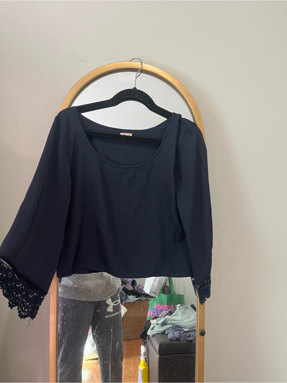Hollister Navy Scoop Neck Blouse with Crochet Cuffs (size M) OPEN TO TRADES!